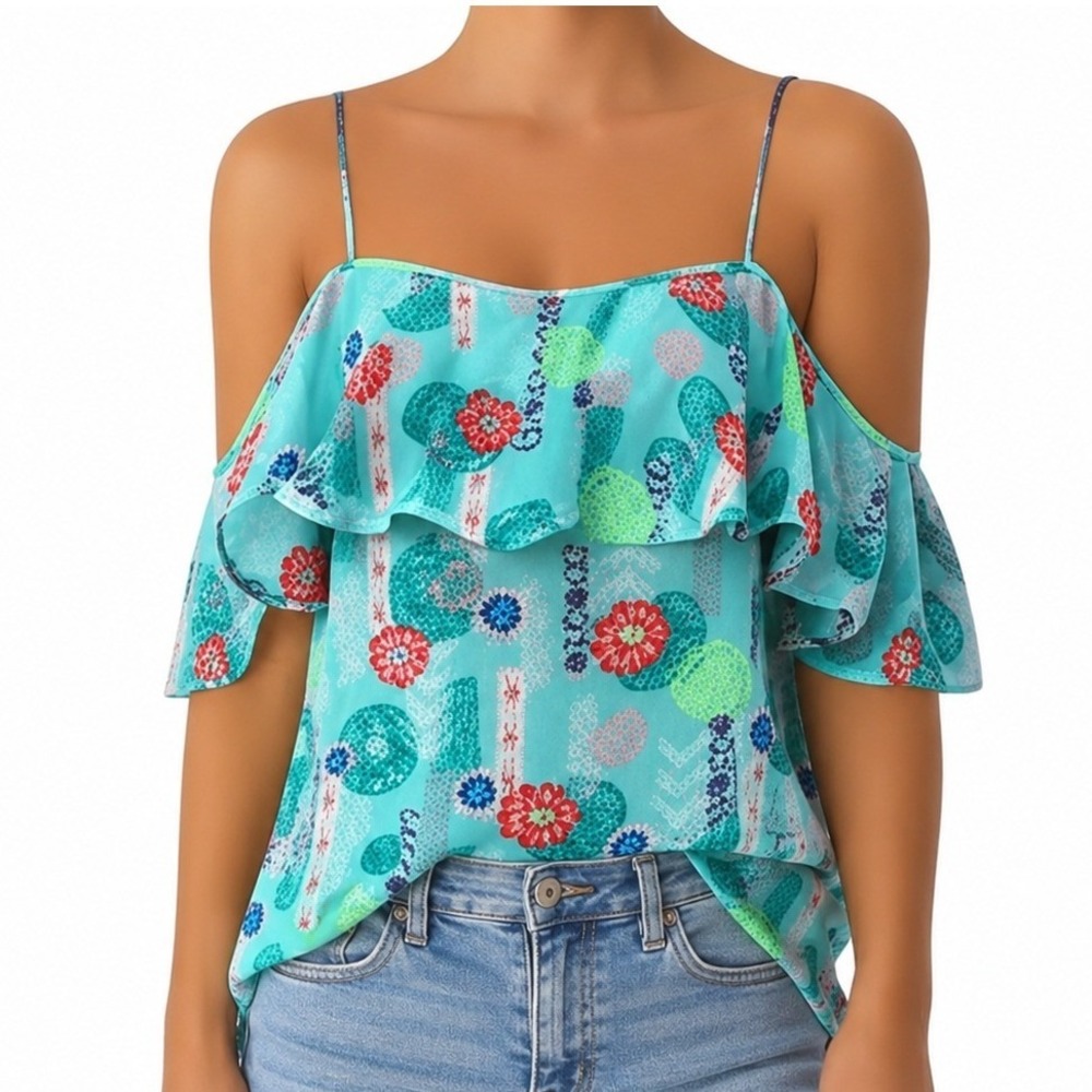 O'Rageous Cold Shoulder Ruffle Top Size L Turquoise Floral Boho Tropical Blouse